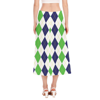 Green White And Navy Argyle Print Side Slit Midi Skirt