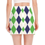 Green White And Navy Argyle Print Side Slit Mini Skirt