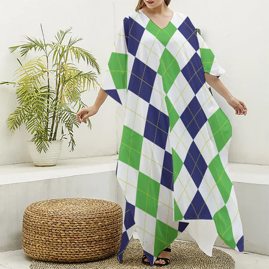 Green White And Navy Argyle Print Silk V-Neck Kaftan Dress