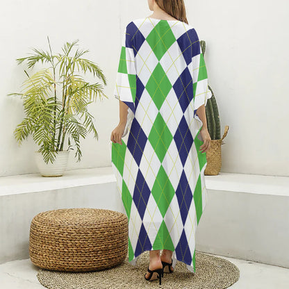 Green White And Navy Argyle Print Silk V-Neck Kaftan Dress