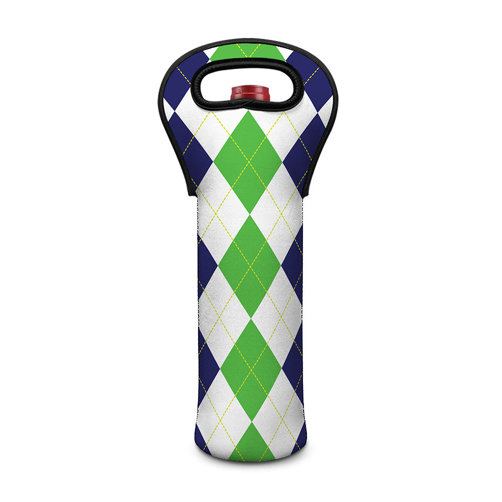 Green White And Navy Argyle Print Single Neoprene Wine Tote