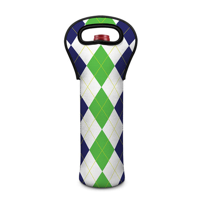 Green White And Navy Argyle Print Single Neoprene Wine Tote