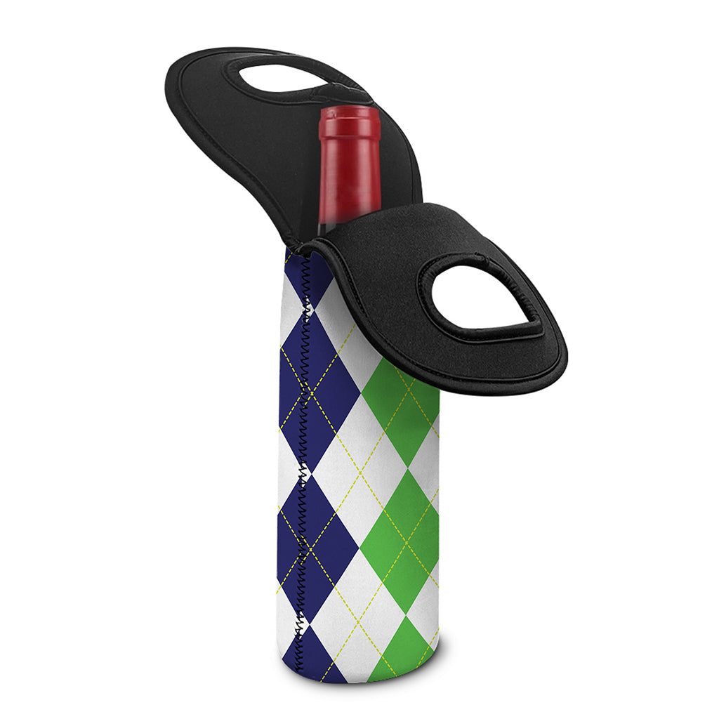 Green White And Navy Argyle Print Single Neoprene Wine Tote