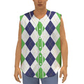 Green White And Navy Argyle Print Sleeveless Baseball Jersey