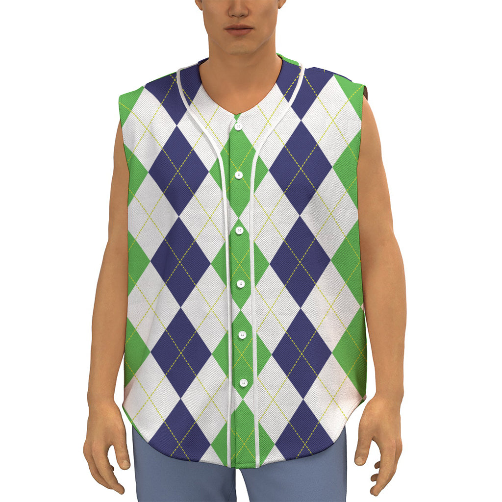 Green White And Navy Argyle Print Sleeveless Baseball Jersey