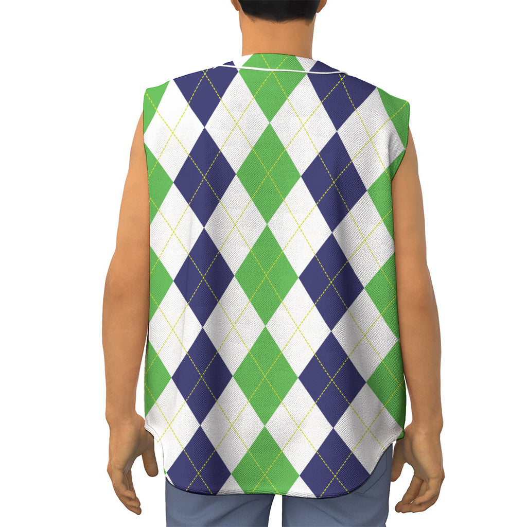 Green White And Navy Argyle Print Sleeveless Baseball Jersey