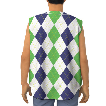 Green White And Navy Argyle Print Sleeveless Baseball Jersey