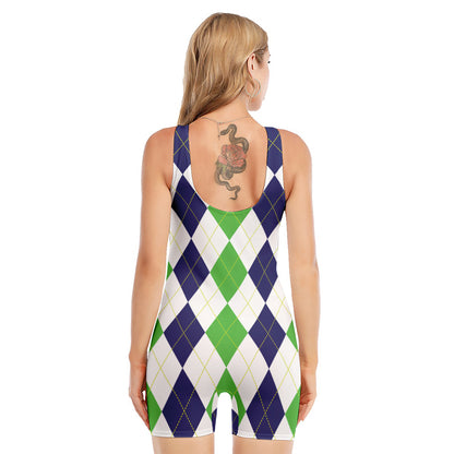 Green White And Navy Argyle Print Sleeveless One Piece Swimsuit