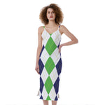Green White And Navy Argyle Print Slim Fit Midi Cami Dress