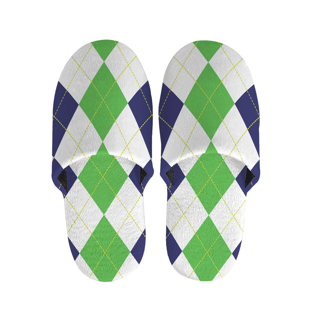 Green White And Navy Argyle Print Slippers