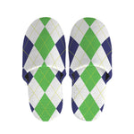 Green White And Navy Argyle Print Slippers
