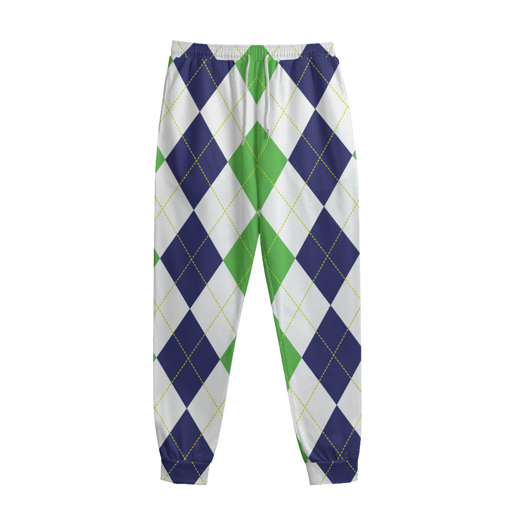Green White And Navy Argyle Print Sweatpants
