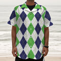 Green White And Navy Argyle Print Textured Short Sleeve Shirt