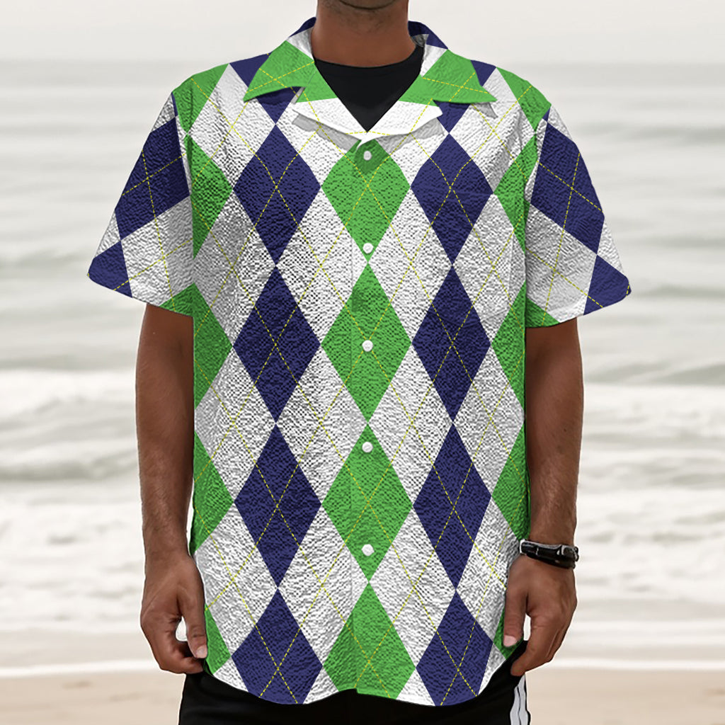 Green White And Navy Argyle Print Textured Short Sleeve Shirt