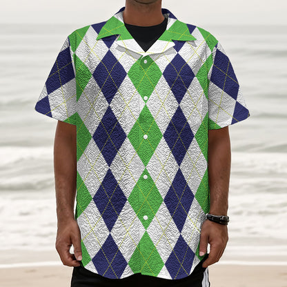 Green White And Navy Argyle Print Textured Short Sleeve Shirt