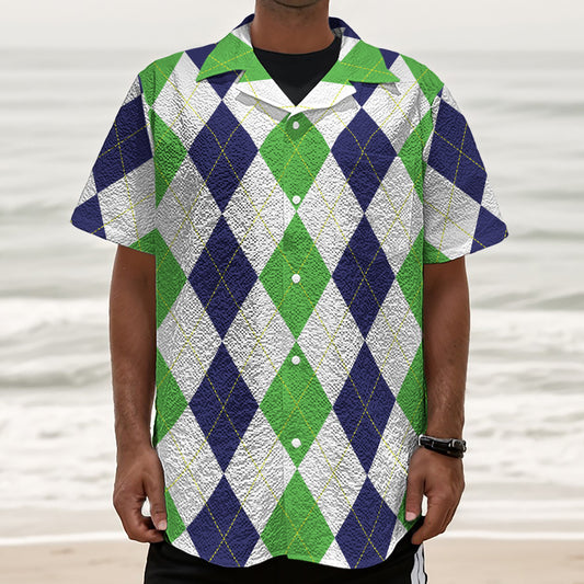 Green White And Navy Argyle Print Textured Short Sleeve Shirt