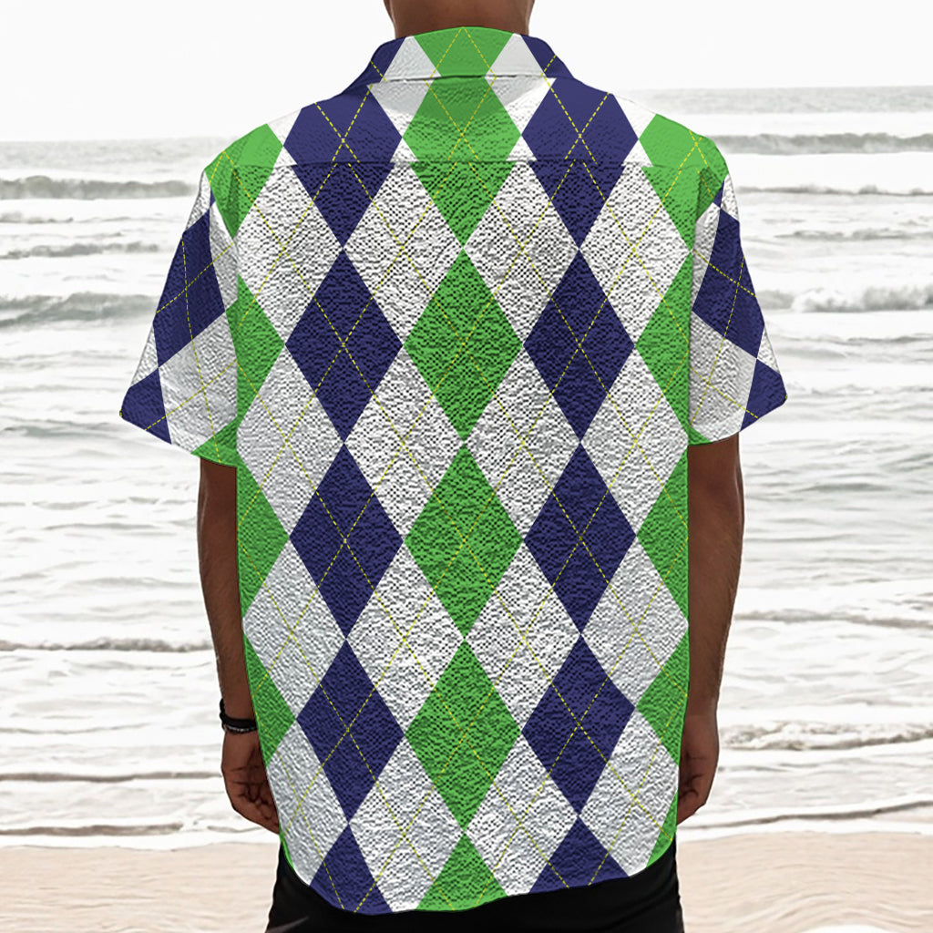 Green White And Navy Argyle Print Textured Short Sleeve Shirt