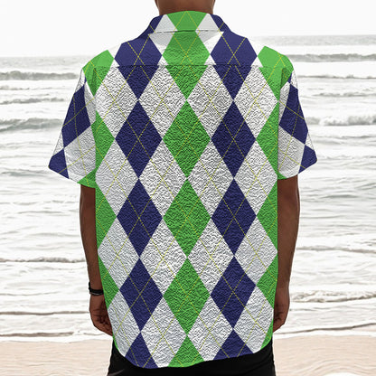 Green White And Navy Argyle Print Textured Short Sleeve Shirt