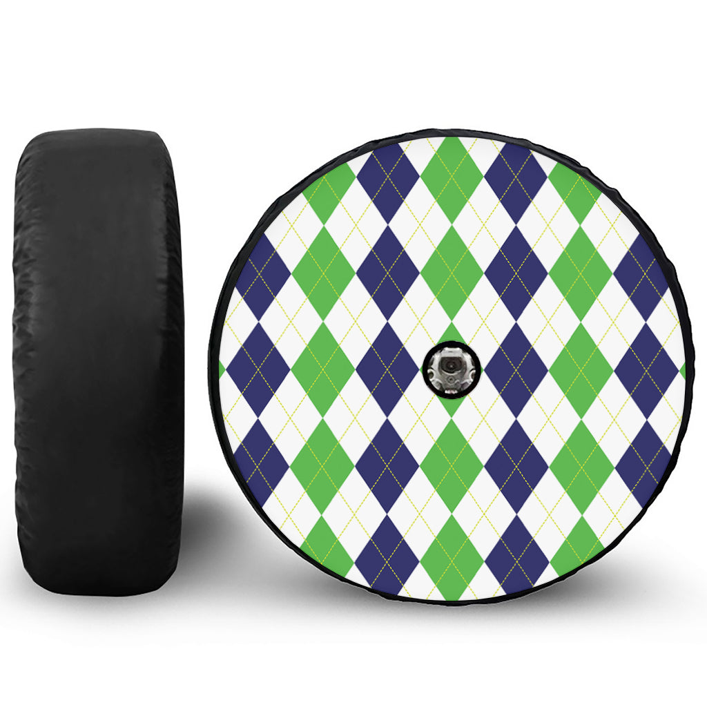 Green White And Navy Argyle Print Tire Cover With Camera Hole