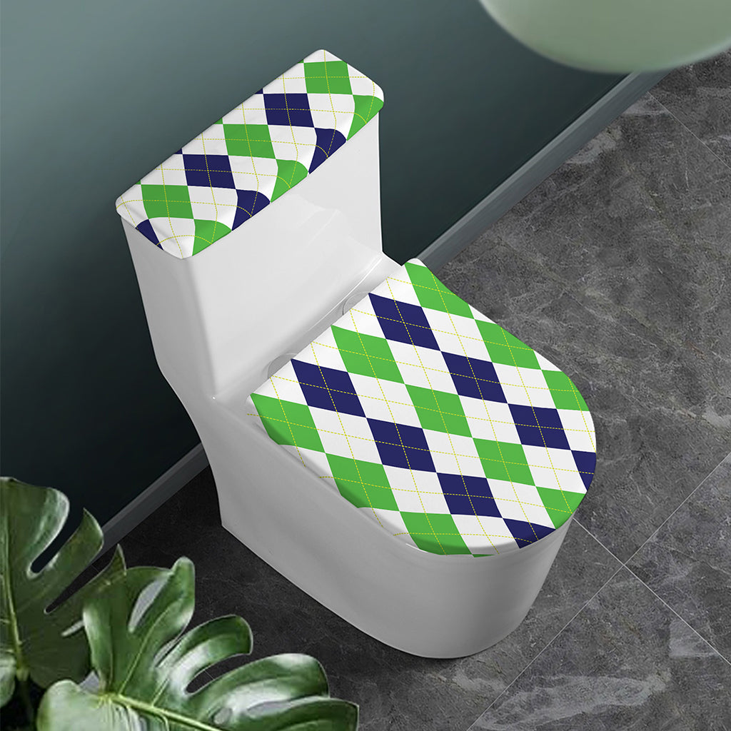 Green White And Navy Argyle Print Toilet Lid And Tank Cover Set