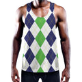 Green White And Navy Argyle Print Men's Workout Tank Top