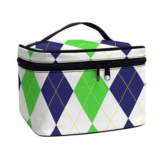 Green White And Navy Argyle Print Travel Makeup Bag