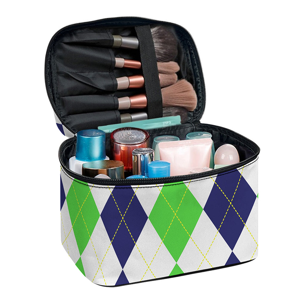 Green White And Navy Argyle Print Travel Makeup Bag