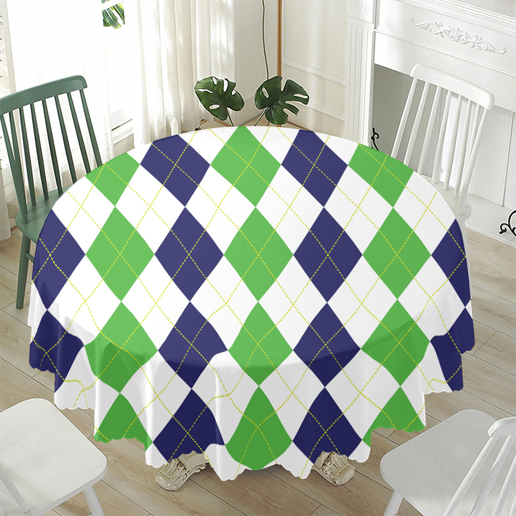 Green White And Navy Argyle Print Waterproof Round Tablecloth
