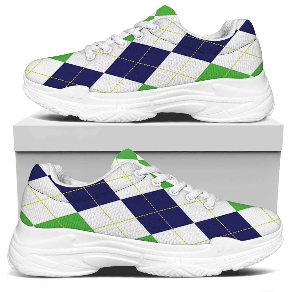 Green White And Navy Argyle Print White Chunky Shoes
