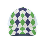 Green White And Navy Argyle Print White Mesh Trucker Cap