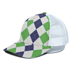 Green White And Navy Argyle Print White Mesh Trucker Cap