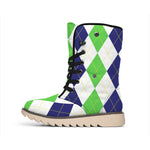 Green White And Navy Argyle Print Winter Boots