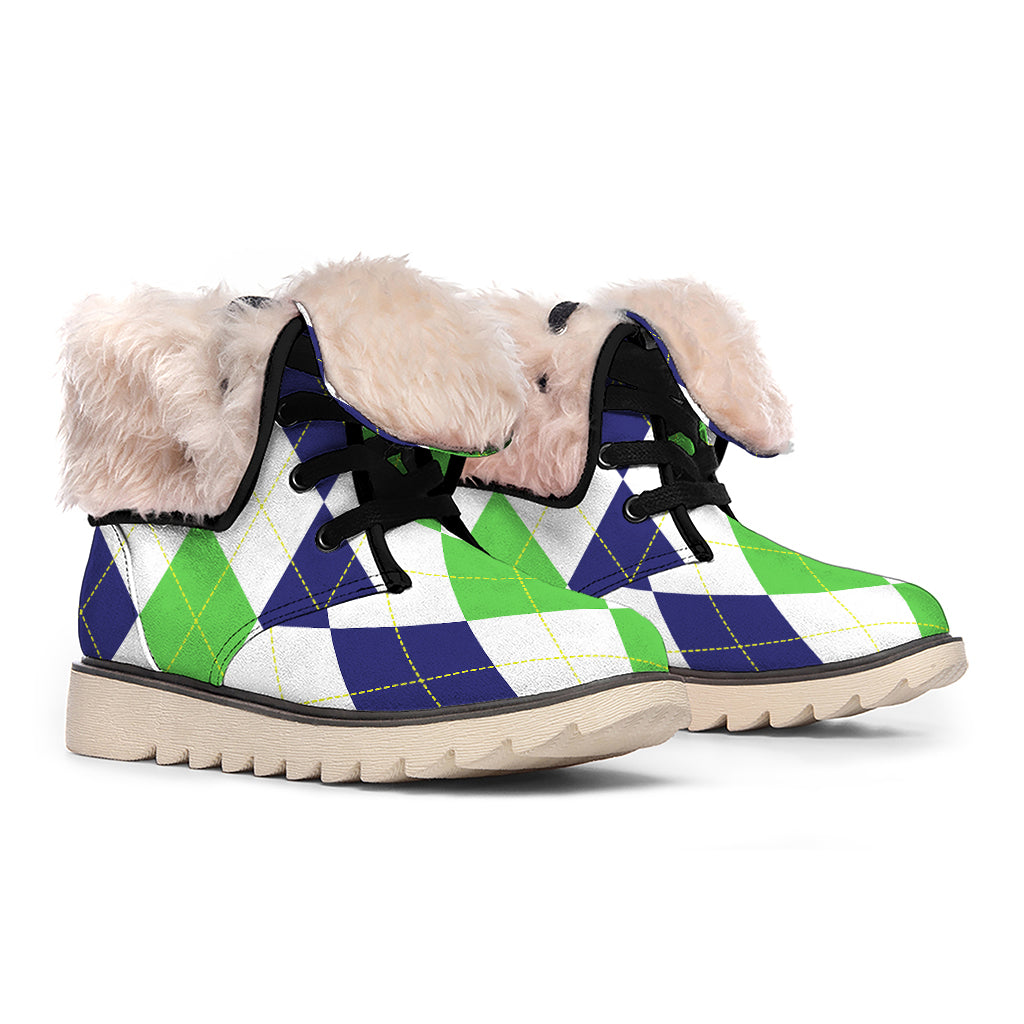 Green White And Navy Argyle Print Winter Boots