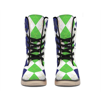 Green White And Navy Argyle Print Winter Boots