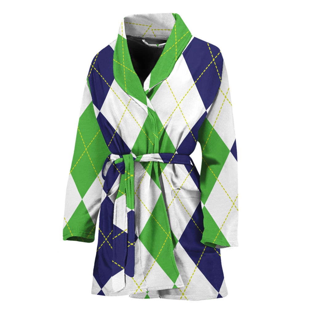 Green White And Navy Argyle Print Women's Bathrobe