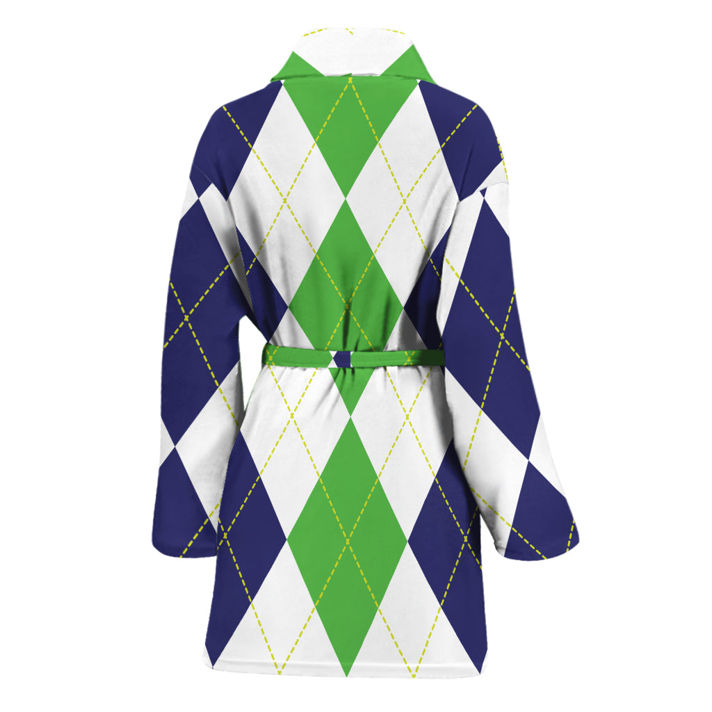 Green White And Navy Argyle Print Women's Bathrobe