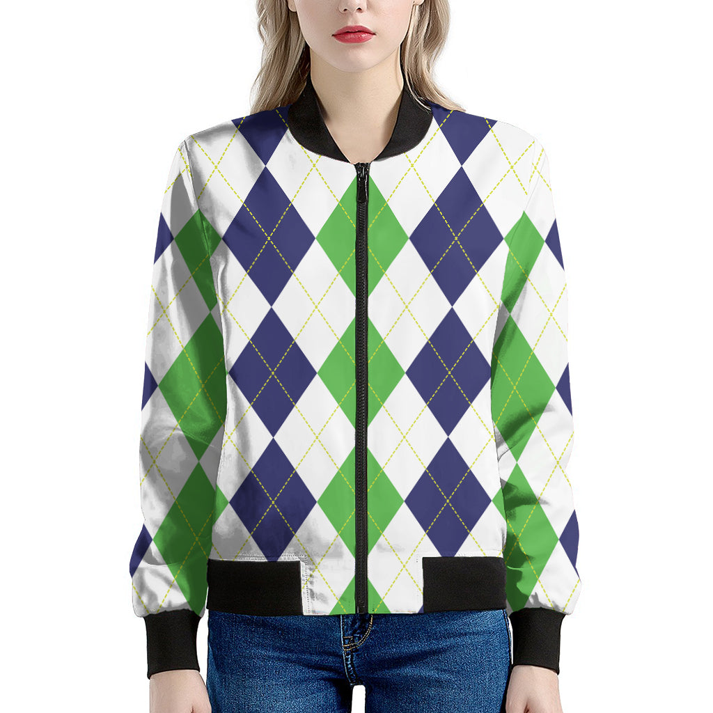 Green White And Navy Argyle Print Women's Bomber Jacket