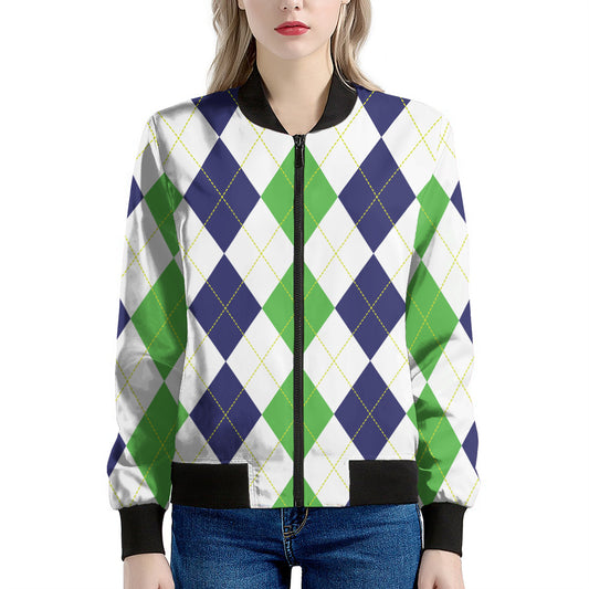 Green White And Navy Argyle Print Women's Bomber Jacket