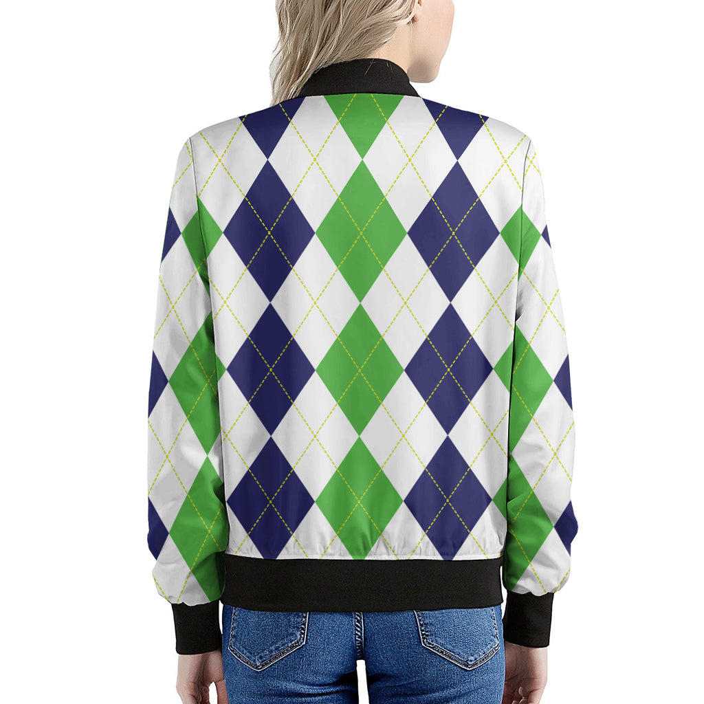 Green White And Navy Argyle Print Women's Bomber Jacket
