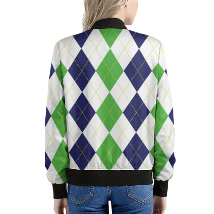 Green White And Navy Argyle Print Women's Bomber Jacket