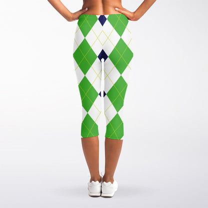 Green White And Navy Argyle Print Women's Capri Leggings
