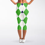 Green White And Navy Argyle Print Women's Capri Leggings