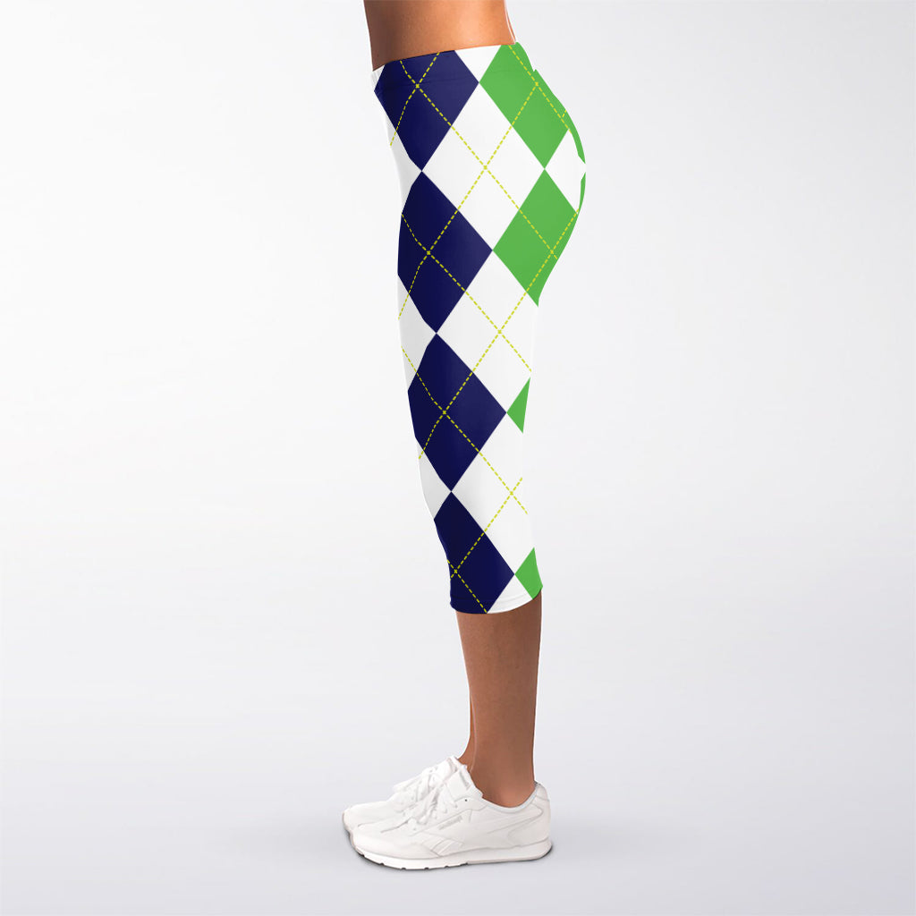 Green White And Navy Argyle Print Women's Capri Leggings