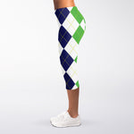 Green White And Navy Argyle Print Women's Capri Leggings