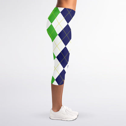 Green White And Navy Argyle Print Women's Capri Leggings