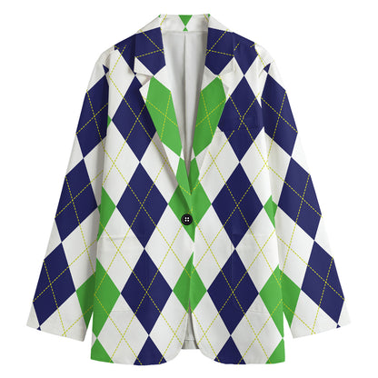 Green White And Navy Argyle Print Women's Cotton Blazer