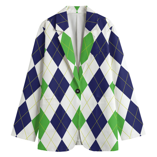 Green White And Navy Argyle Print Women's Cotton Blazer