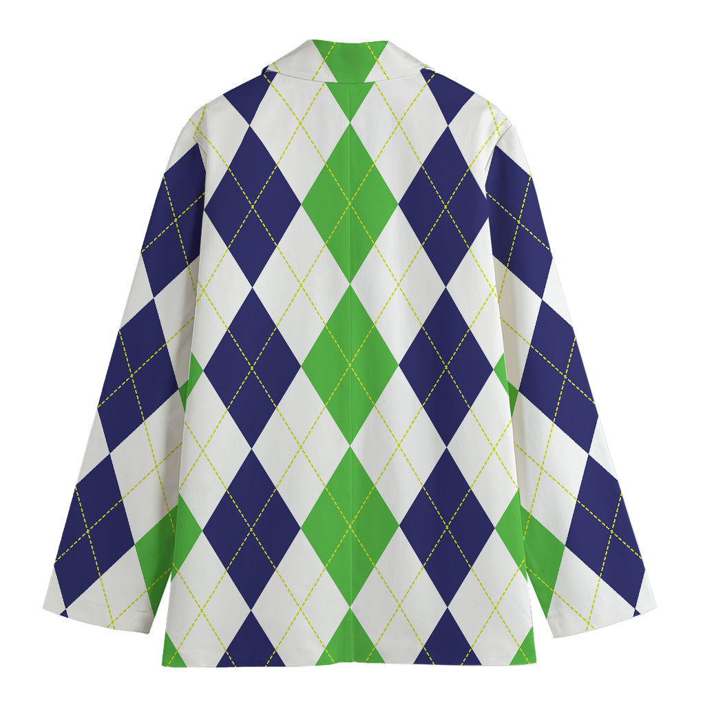 Green White And Navy Argyle Print Women's Cotton Blazer