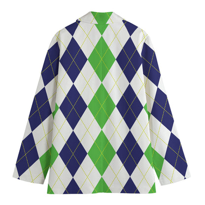 Green White And Navy Argyle Print Women's Cotton Blazer