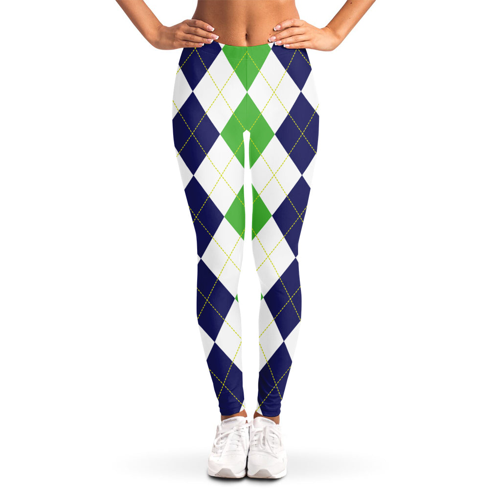 Green White And Navy Argyle Print Women's Leggings